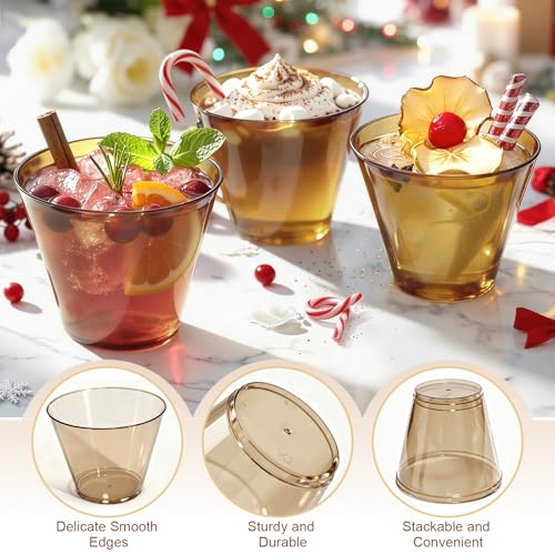 Glowserve 150 Pack Plastic Cups 9 oz Brown Clear Plastic Cups for Cocktail Fancy Disposable Cup for Party Stemless Wine Gl...