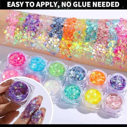 Teenitor 12 Colors Glow in The Dark Glitter Gel, Face Glitter Body Glitter Gel Hair Glitter for UV Black Light Carnival Ma...