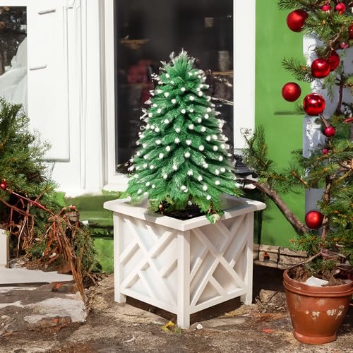 Lattice Design Outdoor Planter Box - 14.75” Square 13” Tall White Plant Pot - Decorative Plant Pots for Front Porch Decor...