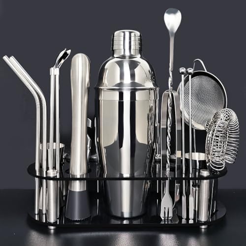 Cocktail Shaker Set, 24oz Cocktail Shaker 21-Piece Stainless Steel Bar Tools Bartending Kit with Black Acrylic Stand Cockt...
