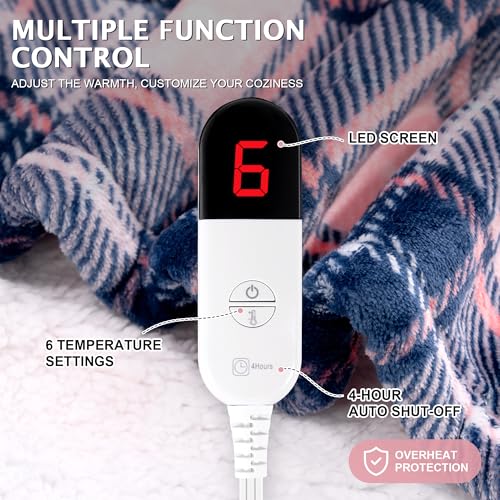 PTQ Electric Blanket Wearable Heated Shawl with Hood & Pockets – 6 Heat Settings, 4H Auto-Off, Flannel & Sherpa Reversibl...