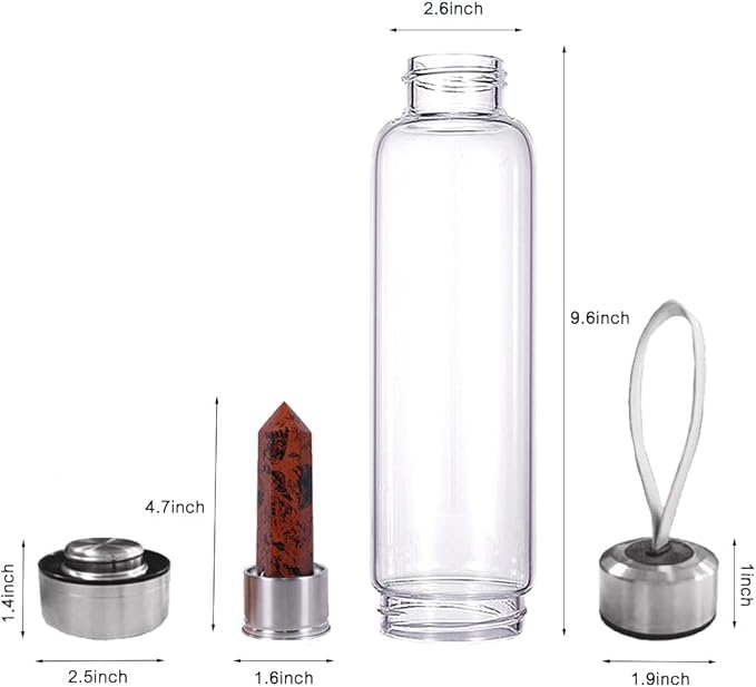 Crystal Glass Water Bottle,Water Bottle With Gemstone Center Crystal Elixir Bottle,Removable Gemstones Creative Water Cup Crystal Column Magic Wand Energy Cup for Gifts (B-Red Obsidian)