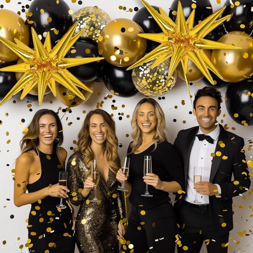 RUBFAC 140pcs Black and Gold Balloons, Black Metallic Gold Confetti Star Latex Balloons 5 10 12 18 Inch for 2026 New Year ...