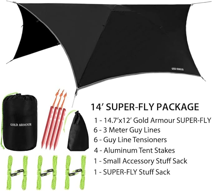 Gold Armour Rainfly Tarp for Hammock and for Tent, Camping Essentials Rain Fly Cover, Waterproof Lightweight Camping Accessories, Survival Camping Gear Camping Tent Accessories (Black)