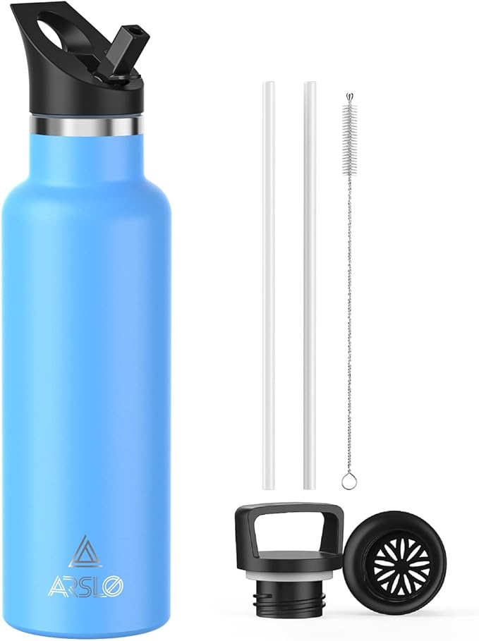 Stainless Steel Double Wall Water Bottles 20oz, Vacuum Insulated Bottle With Straw Lid, Insulated Water Bottle Keeps Water Cold for 24 Hours, Hot for 12 Hours, Hiking, Sports