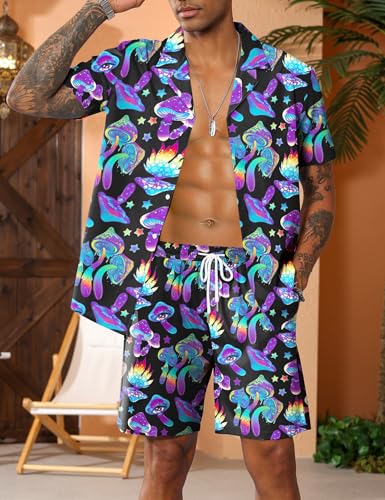 LecGee Men's Rave Outfits Hawaiian Shirts and Shorts Sets 2 Pieces Retro 80s 90s Outfit