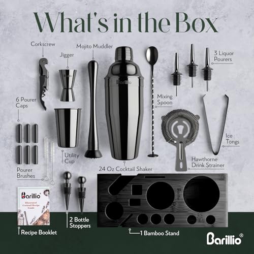 Barillio Black Bartender Kit - Stainless-Steel Cocktail Shaker Set w/Black Bamboo Stand - Mixology Bar Tools w/Drink Shake...