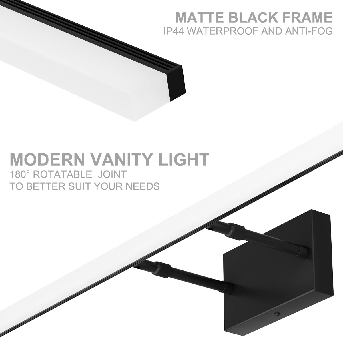 Aipsun 48inch Black Bathroom Llight Fixtures LED Vanity Light Adjustable Modern Vanity Lights Over Mirror Rotatable Lighting 5500K
