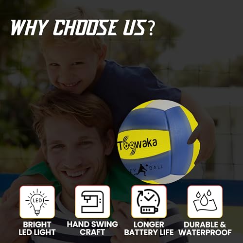 Toowaka Light up Beach Volleyball,Official Size Glow in The Dark Youth Volleyball, Bright with LED Lights Pre-Installed,Ba...