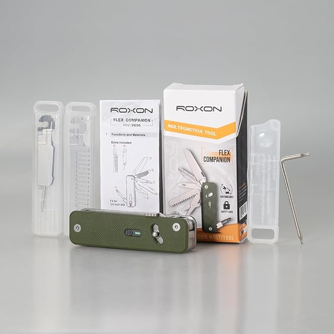 ROXON S503G 9 in 1 Mini Multi Tool EDC Pocket Knife Multitool with G10 Handle,Scissors,Screwdriver,Threader,Awl, Flat Screwdriver,Ruler,Tweezers for Outdoors Fishing Camping,Gifts for Men (Green)