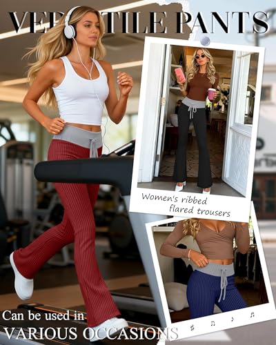 Velvelhall 3 Pack Women's Flare Leggings Ribbed Knit Color Block Yoga Pants Bootcut Sweatpants Stretchy Bell Bottoms
