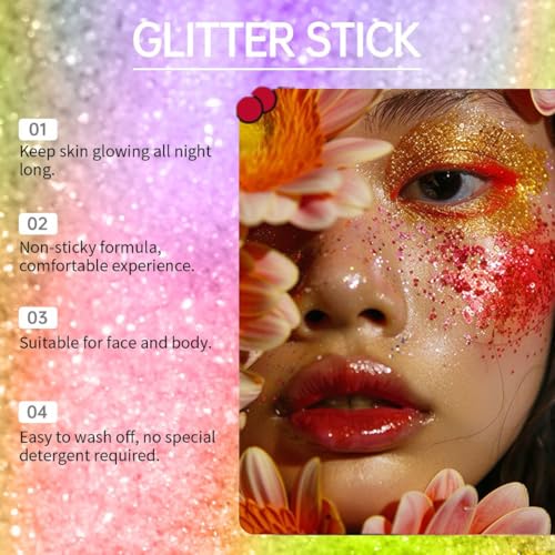Red Body Glitter Stick, Sparkling Neon Outfit Holographic Sequins Glitters for Eye Lip Hair Nails, Festival Rave Accessori...