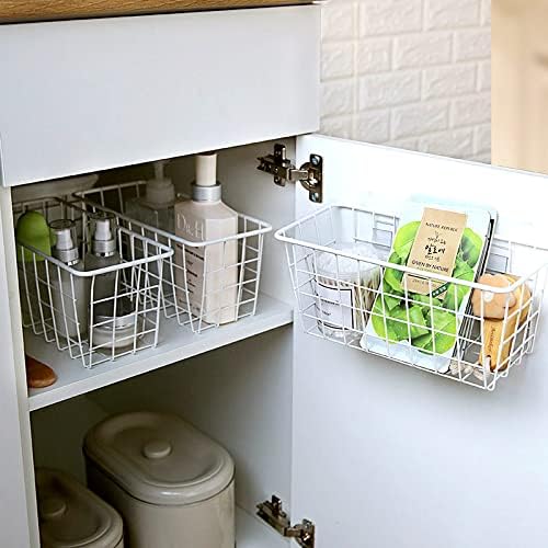 Hanging Kitchen Baskets Adhesive Sturdy Wire Storage Baskets with Kitchen Food Pantry Bathroom Shelf Storage No Drilling Wall Mounted,White,2 Pack