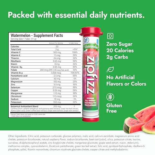 Zipfizz Daily Energy Drink Powder, Watermelon, 20 Pack | 3-in-1 Sustained Energy, Rapid Hydration, and Essential Vitamins...