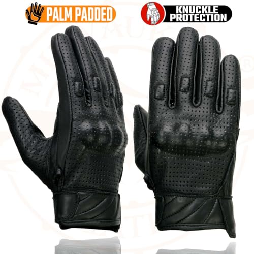 Milwaukee Leather MG7500 Men's Black Perforated Leather Gel Padded Palm Motorcycle Hand Gloves W/ 'Rubberized Hard Knuckl...