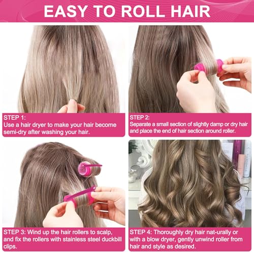 Hair Rollers, 12 Pack Hair Curler Small Hair Rollers for Women, Self Grip Hair Roller with Clips, Rose Red (Medium PLUS)