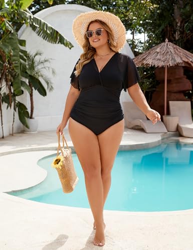 Blooming Jelly Women's Plus Size Swimsuit One Piece Bathing Suit Tummy Control Mesh V Neck Maternity Swimwear