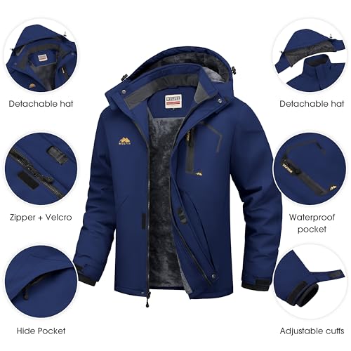 WULFUL Men's Ski Jackets Warm Winter Snow Windbreaker Resistant Snowboard Fleece Coat Mountain Waterproof Parka with Hood