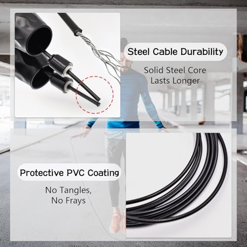 FEELCAT Jump Rope with Ball Bearings, 3mm Steel Speed Rope for Double Unders, Tangle-Free 9.2 Ft Adjustable Lightweight Sk...