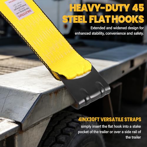 Yellow 4 Inch x 30 FT Heavy Duty Tie Down Straps - High Visibility Flatbed Trailer Straps with Flat Hooks, 6000 lbs Workin...