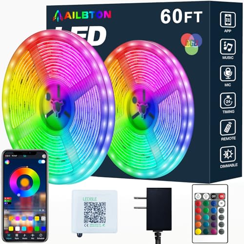 AILBTON Led Strip Lights,60ft Music Sync Color Changing, Built-in Mic,Bluetooth App Control LED Tape Lights with Remote,50...