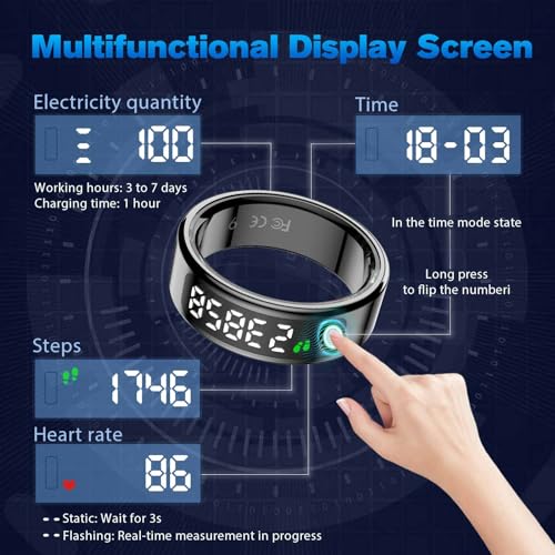 MagLoop Smart Ring Health Tracker for Men/Women with LED Dispay Screen,Fitness Ring Sleep Tracker,Fast Charging,for Pedome...
