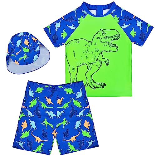 AuSletie Boys Two Pieces Swimsuit Set Short Sleeve Kids Rash Guard Dinosaur Boys Bathing Suit with Sun Cap for 2-6 Years