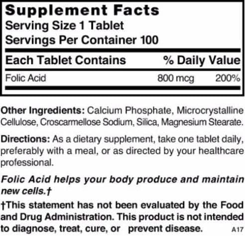 Folic Acid 800 mcg 800 mcg 100 Tabs