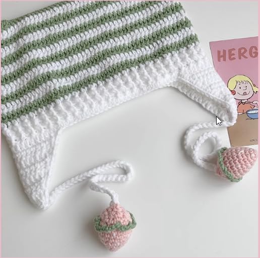 Y2K Crochet Hat for Women Kawaii Cute Knit Hat Vintage Beanie Cat Ear Grunge Fairy Slouchy Headgear Accessories (Green)