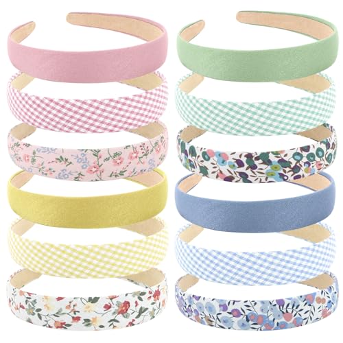 Wecoe 12pcs Headbands for Women Girls Summer Flower Floral Plain Checked Plaid Printed Headbands Hairbands Diy Costume Hai...