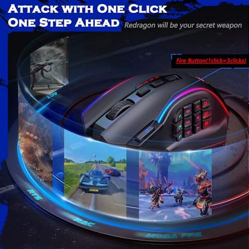 Redragon Wireless Gaming Mouse, MMO Gaming Mouse UP 16,000 DPI, 16 Macro Programmable Buttons, RGB Rechargeable with 12 Si...