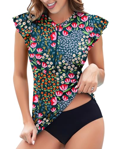 Soneven Women's Swim Shirt UPF 50+ Ruffle Sleeve Rash Guard UV Sun Protection Swimsuit Top Bathing Suit No Bottom