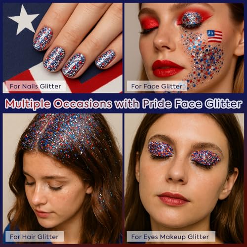 Red White Blue USA Flag Face Body Glitter, Pride Glitter Gel for Hair Nail Art, Holographic Chunky Sequins for Independenc...