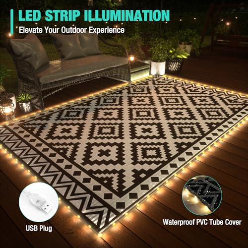 HAUSHOF 5'X8' Outdoor Rug Waterproof with LED Strip Light, Reversible Outdoor Plastic Straw Rug, Patio Rug with 4 Rug Stak...