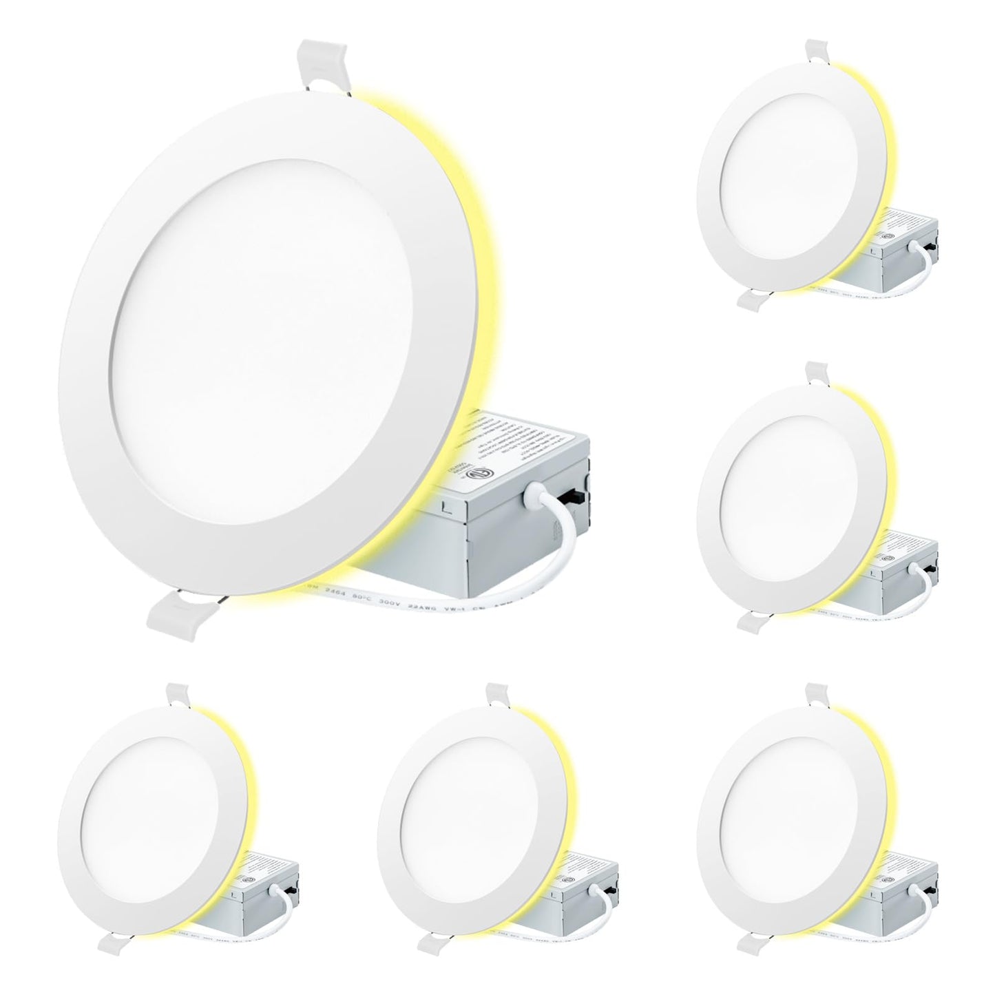 Eosmile 6 Inch White Recessed Lighting With Night Light 6 Pack  High Brightness Canless Wafer  12W  120V  1100Lm  Dimmable  2700K-5000K Selectable  Etl Fcc