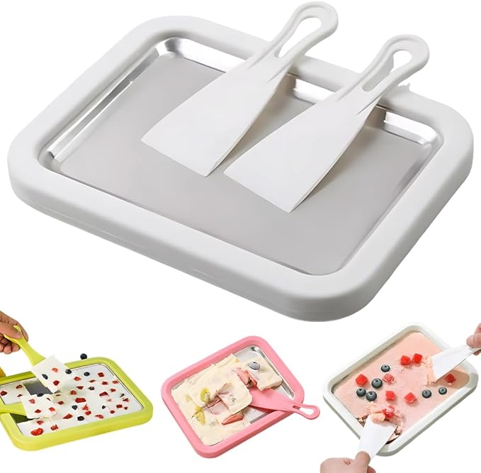 Rolled Ice Cream Maker Kit, 2026 New At-Home Stainless Steel Instant Freeze Plate with 2 Scrapers, DIY Rolled Ice Cream Tray, Perfect for Family Fun, Easy Homemade Desserts (White)