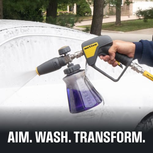 Active Foam Cannon with ¼ inch quick connector for Electric and Gas Pressure Washers. Wide-mouth bottle and variable spray...