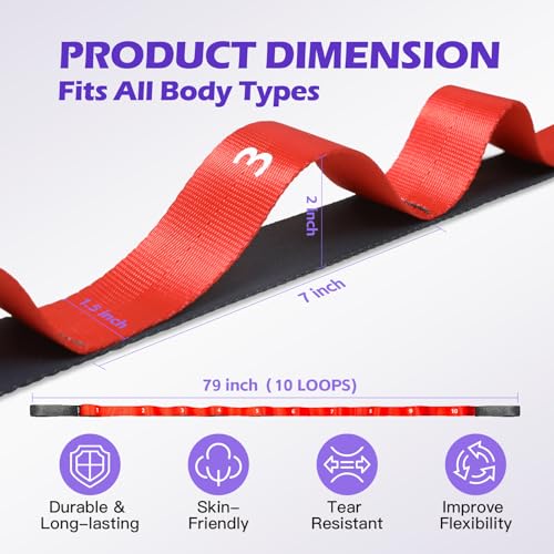 Non Elastic Stretching Strap with Loops - Yoga Straps for Physical Therapy, Durable Stretch Bands for Exercise, Flexibilit...