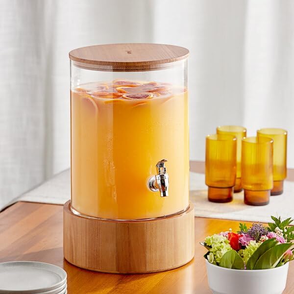 Glass Beverage Dispenser with Wood Lid and Base, 3 Gallon, Crystal Clear, Round, Slim Design, 16.3 Inch Height