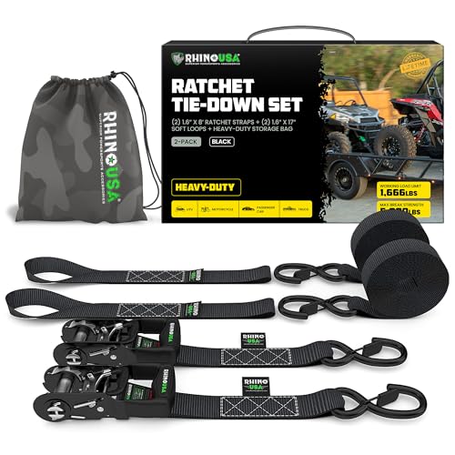 RHINO USA Ratchet Straps Tie Down Kit, 5,208 Break Strength - Includes Heavy Duty Rachet Tiedowns with Padded Handles & Co...