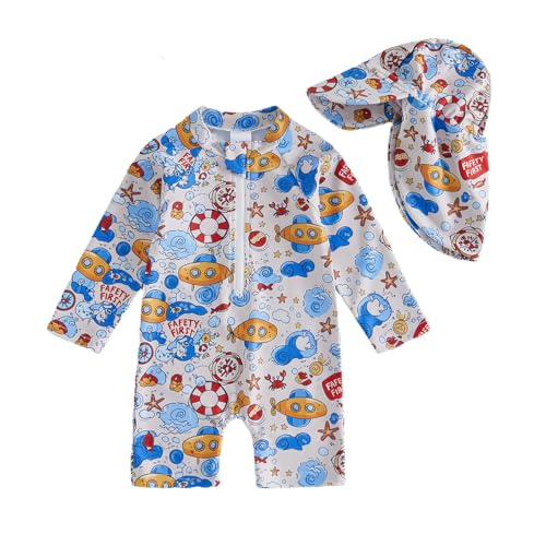 Baby Boy Rash Guard Swimsuit Color Block Long Sleeve Zipper One Piece Swimwear Toddler Bathing Suit ＋ Shark Sun Cap
