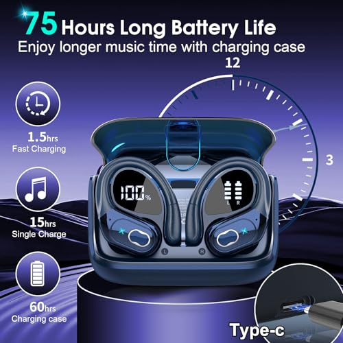 Wireless Earbuds 75hrs Bluetooth 5.4 Headphone Sport, 2026 Bluetooth Earbuds Stereo Deep Bass Over Ear Bud with Earhooks, ...