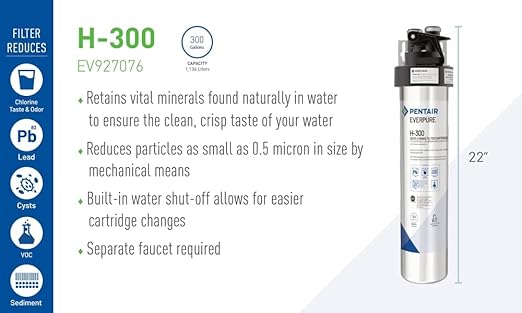Pentair Everpure H-300 Drinking Water System, EV927076, Includes Filter Head, Filter Cartridge, All Hardware and Connectors, 300 Gallon Capacity, 0.5 Micron