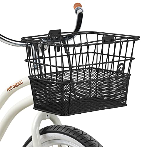 Retrospec Apollo Detachable Front Bike Basket Steel Half-Mesh with Integrated Detachable Hooks and Built-In Handle, Easy A...
