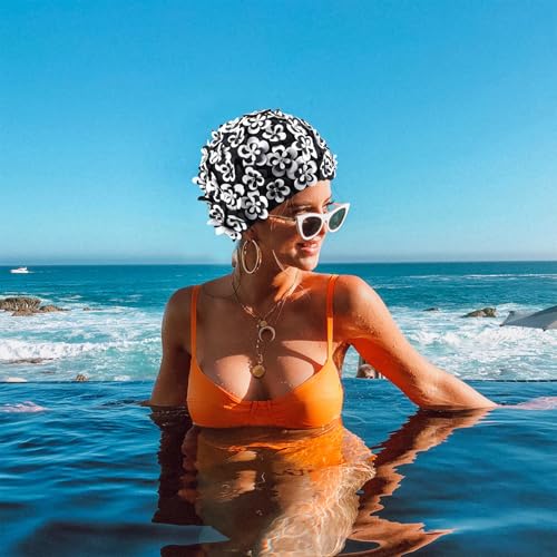 Medifier Vintage Floral Petal Swim Cap Bathing Hats for Women and Girls - Retro Elastic Swimming Turban with Flowers, Rhin...
