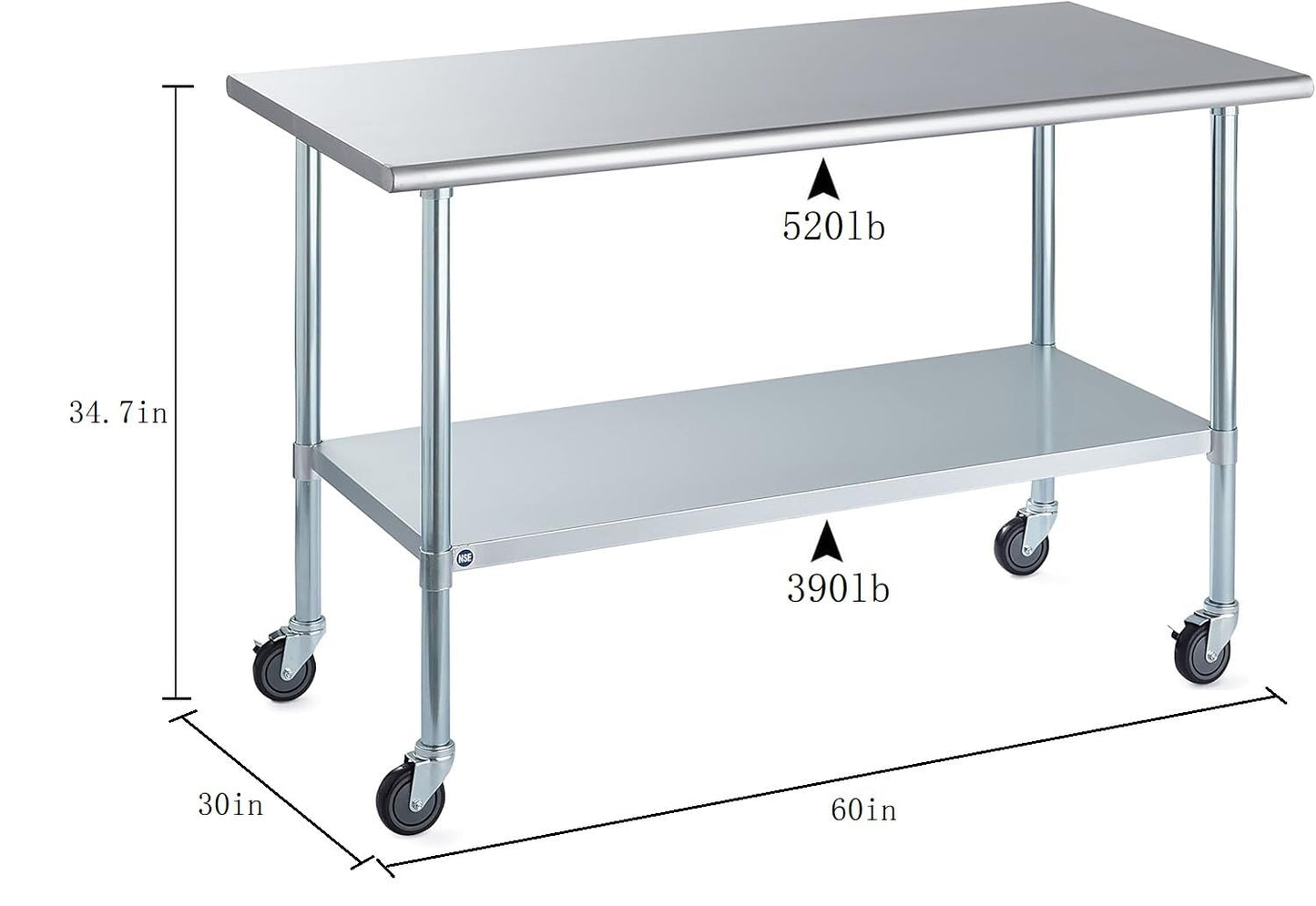 ROCKPOINT Stainless Steel Table for Prep & Work with Caster Wheels 30x60 Inches, NSF Metal Commercial Kitchen Heavy Duty Table with Adjustable Under Shelf and Table Foot for Restaurant, Home and Hotel