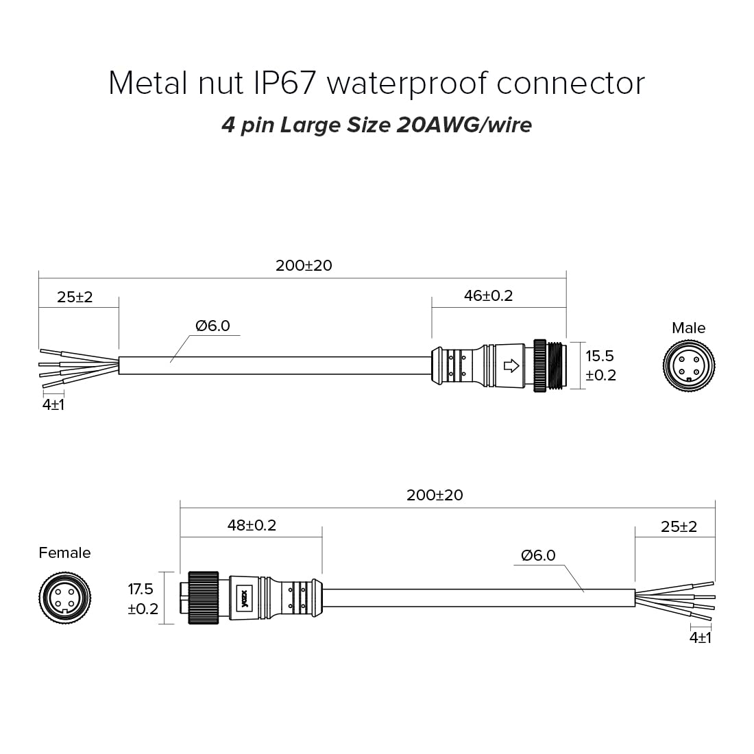 Btf-Lighting 4 Pin Electrical Metal Nut Connector 20Awg Ip67 Male Female Connector 7.87In/20Cm Extension Cable For Car Truck Boat Indoor/Outdoor Led Strip Lights/String 22Mm Metal Nut Big Size