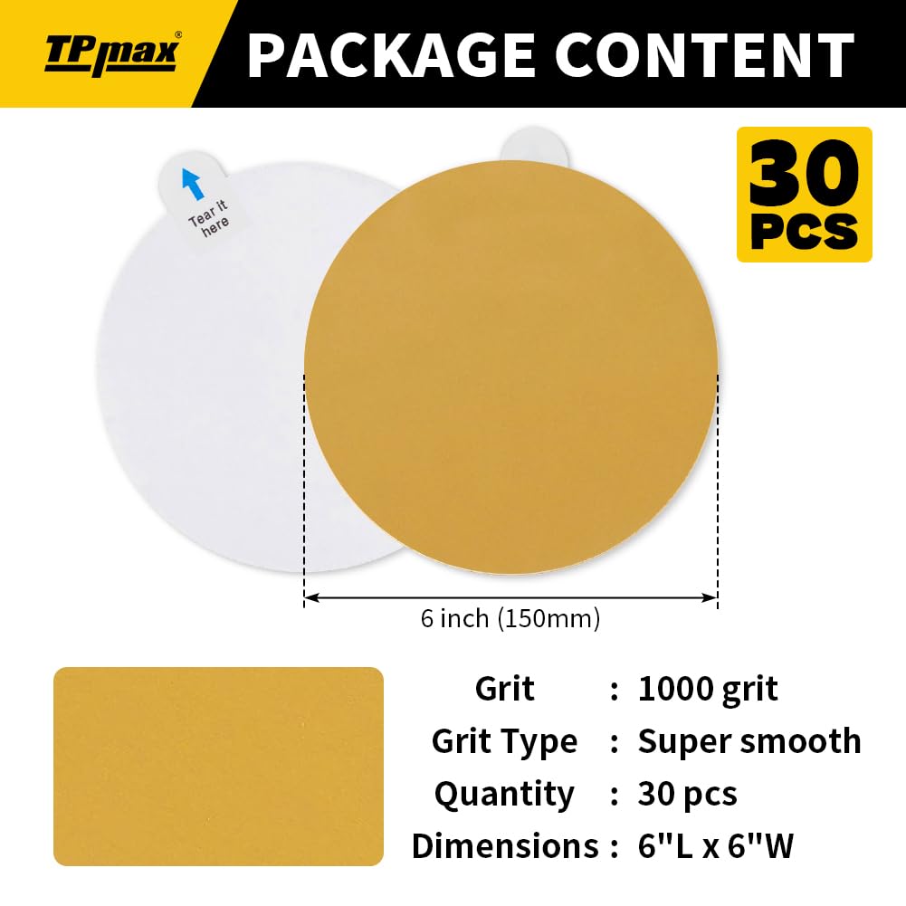 6-Inch 1000-Grit Gold PSA Sanding Discs, 30 Pack – Pro-Grade Self-Adhesive Stickyback Sandpaper with Quick-Release Tabs for DA Sander, Ultra-Smooth Automotive/Wood/Metal Sanding