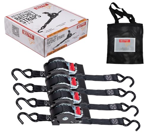 Mytee Products 4 Auto Retract NO-RATCHETING Ratchet Straps | 1" x 12' Retractable Ratchet Straps with Coated S Hook Tiedow...