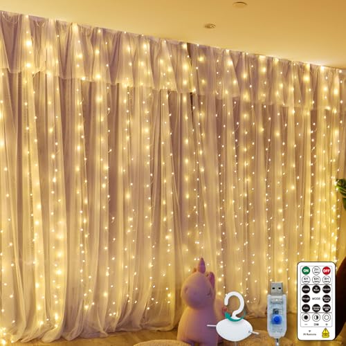 SINAMER Warm White Curtain Light for Bedroom, 300 LED 9.8ft x 9.8ft Window Fairy Curtain String Light with 16 Hooks, 8 Mod...